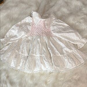 Vintage Polly Flinders Floral White and Pink Long Sleeve Lace Smocked Dress Y2K
